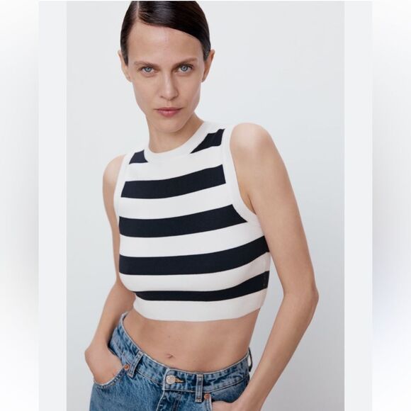 Zara Crop Blue Cream Top Knit Size S - Picture 3 of 8